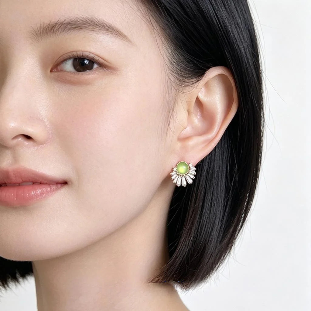 French Vintage 14K Gold Plated Eco Copper Fan Stud Earrings With Micro Pave Zircon Emerald Green Geometric Design