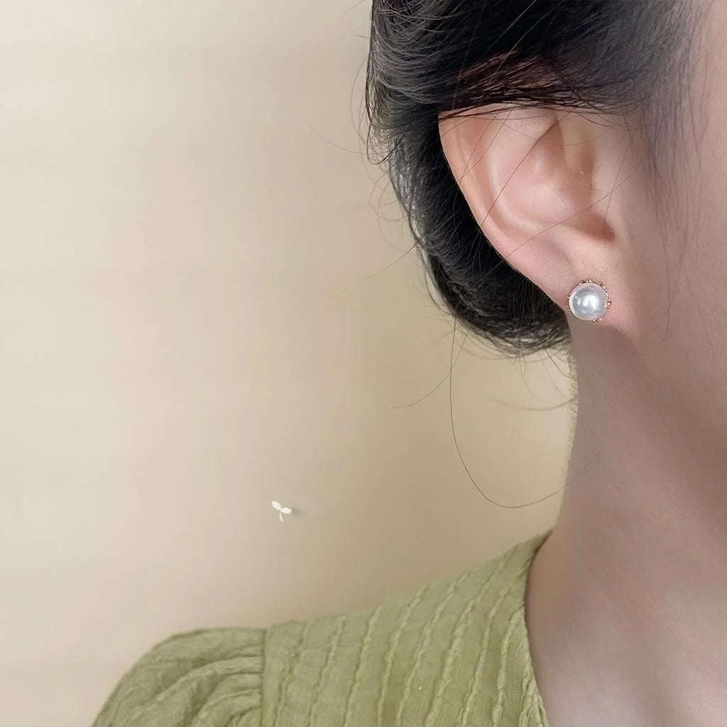 Minimalist French Retro Green Pearl Stud Earrings Copper Round Bead Elegant Jewelry