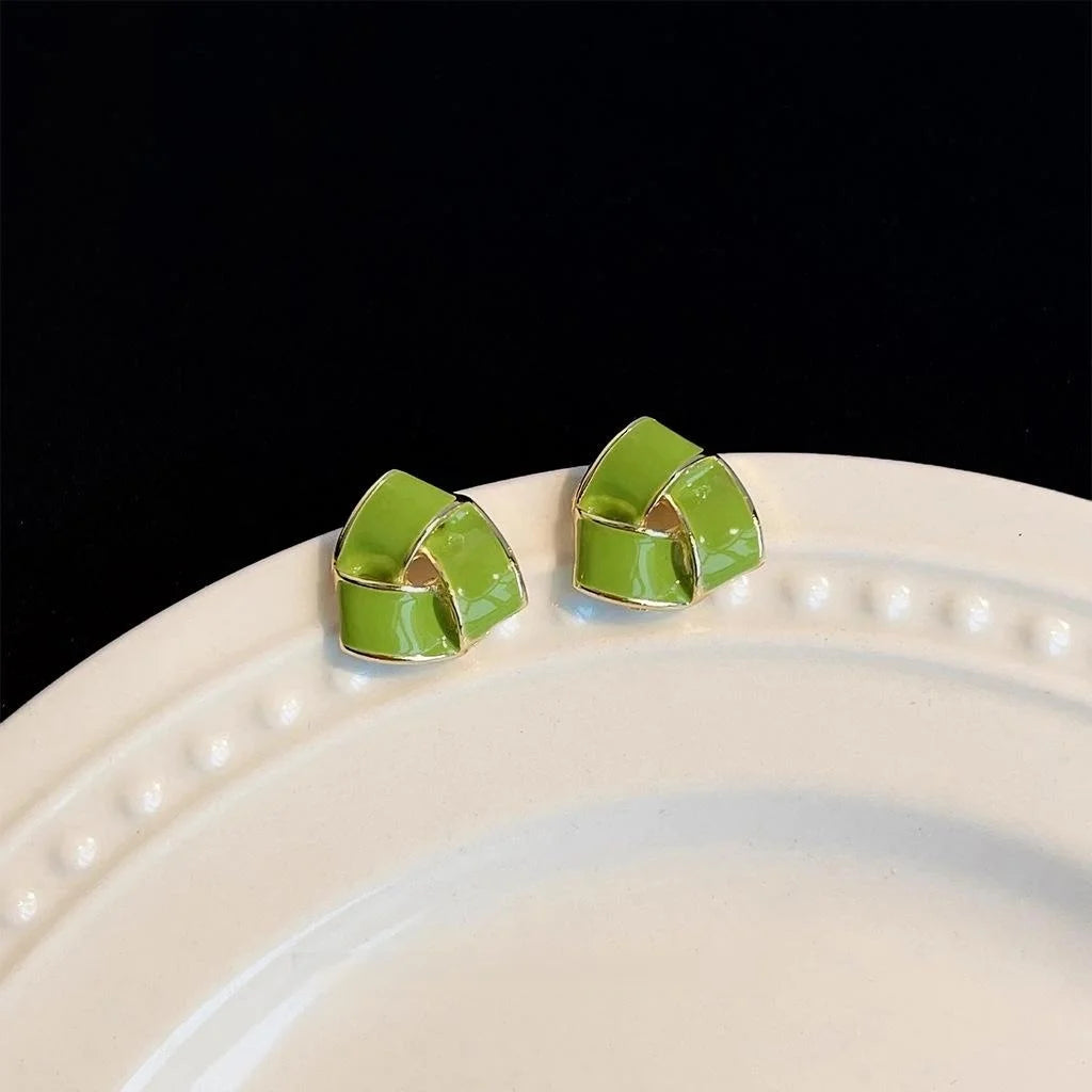 Fresh Green Triangle Copper Stud Earrings For Women Geometric Enamel Woven Design Silver Plated Pin