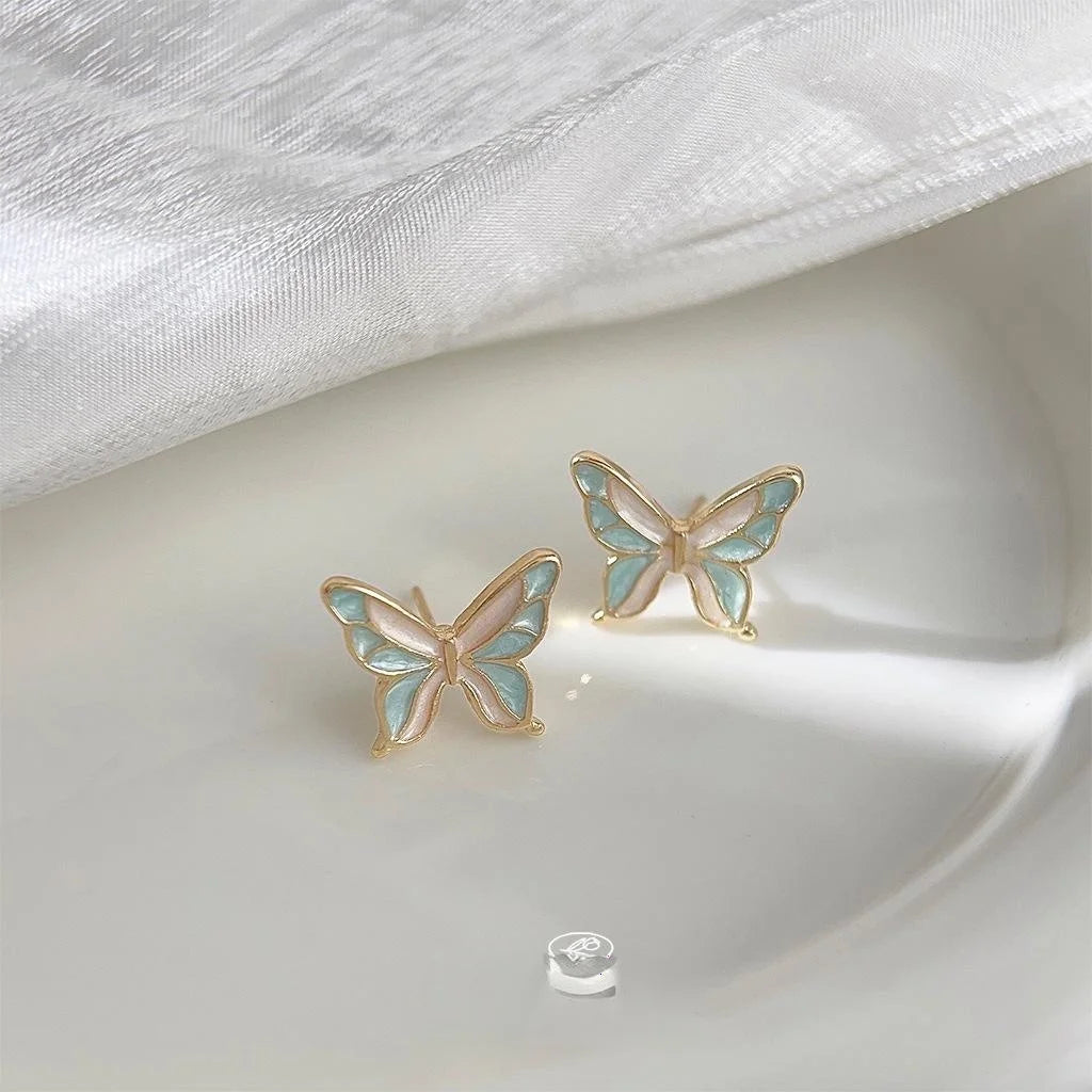 14K Gold Plated Copper Enamel Butterfly Stud Earrings Sweet Forest Style Jewelry For Women