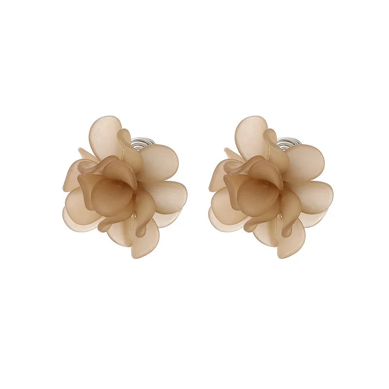 Elegant Light Coffee Acrylic Flower Stud & Clip On No Piercing French Handmade Floral Earrings