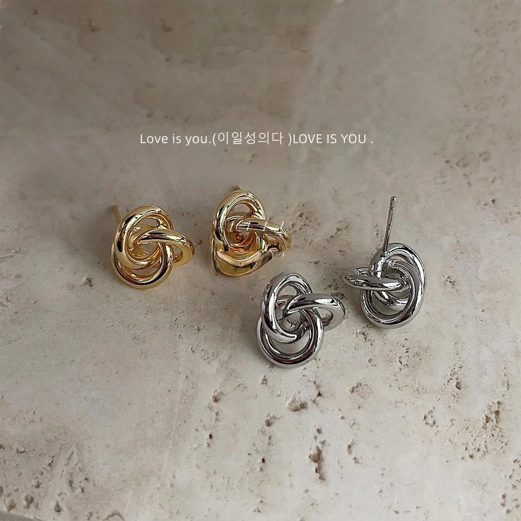 14K Gold Plated Copper Mobius Knot Geometric Stud Earrings, Irregular Luxury Fashion Jewelry