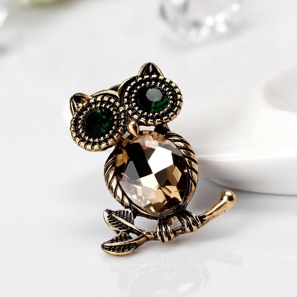 Vintage Owl Rhinestone Brooch With Blue Glass Crystal Body, Elegant Alloy Lapel Pin Suit Accessory Gift
