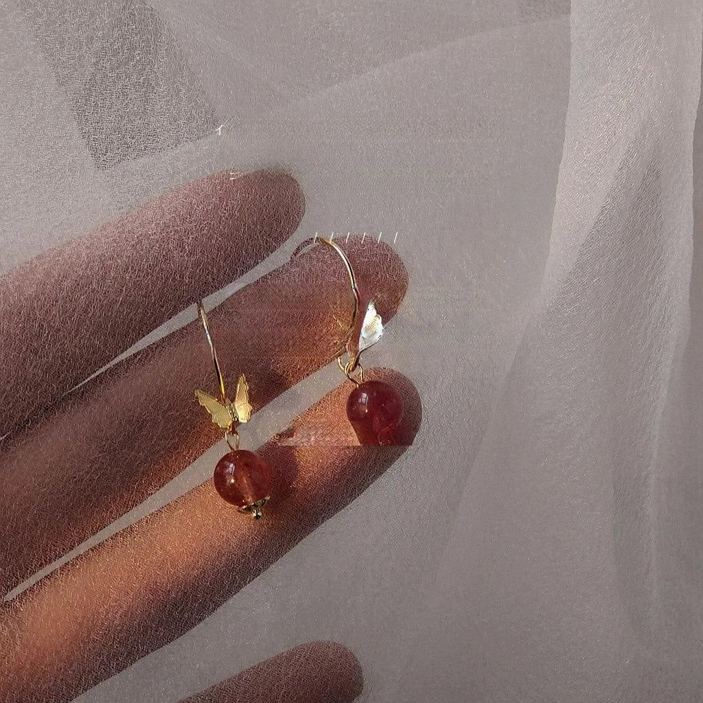 French Vintage Strawberry Quartz Beaded Butterfly Drop Earrings Sweet Elegant Long Dangle Jewelry