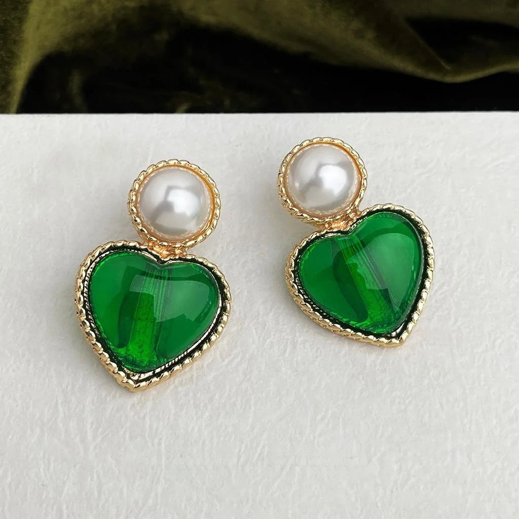 French Vintage Copper Emerald Green Resin Heart Pearl Stud Earrings For Women