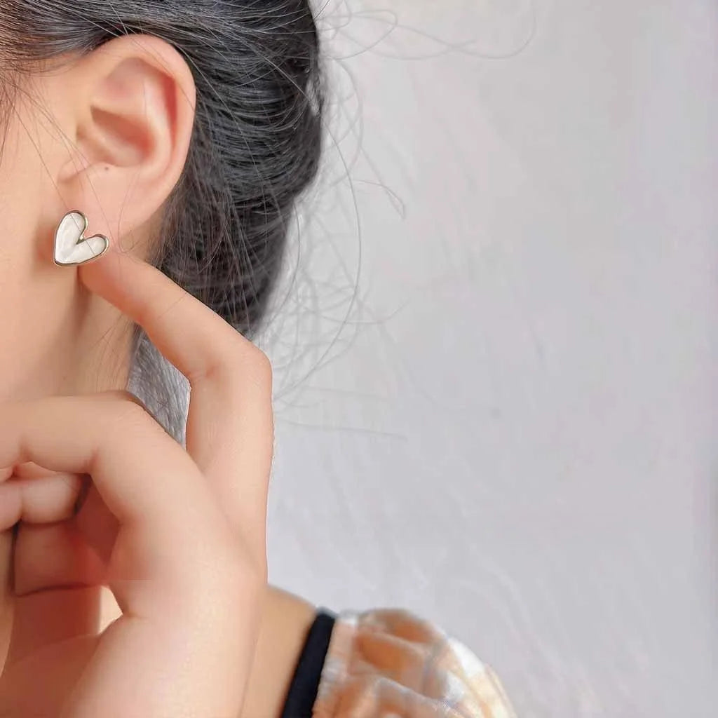 14K Plated Copper White Enamel Heart Stud Earrings Minimalist Summer Jewelry