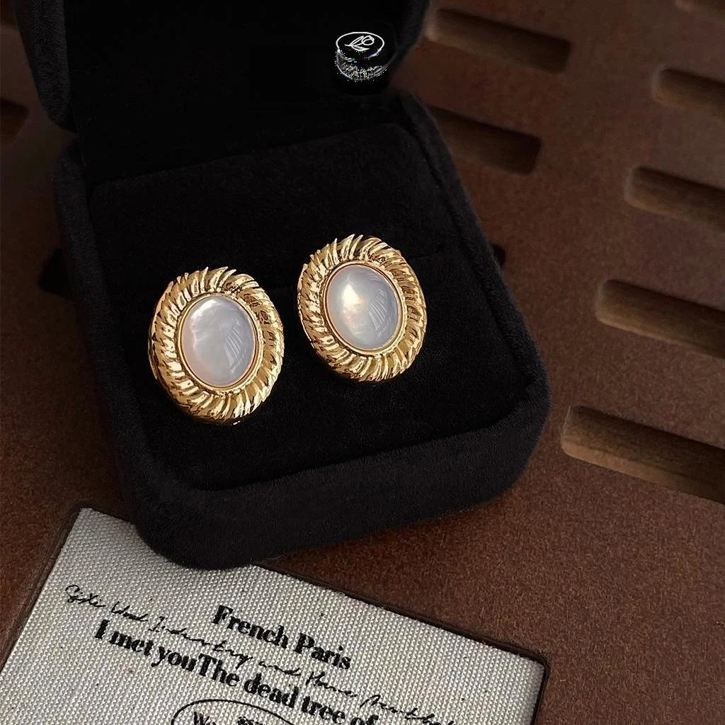 French Vintage Real Shell Oval Geometric Twist Edge 14K Plated Stud Earrings For Women