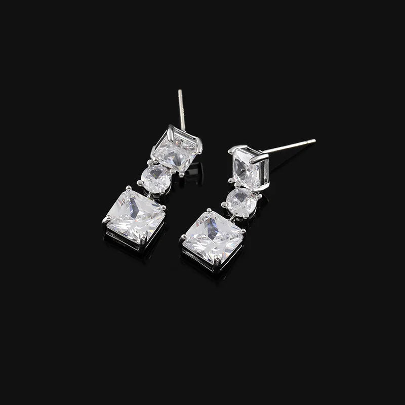 Luxury Princess Cut Square Zircon Crystal Geometric Drop Stud & Clip On No Piercing Long Dangle Earrings