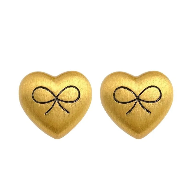 French Vintage Matte Brushed Copper Heart Bow Stud Earrings