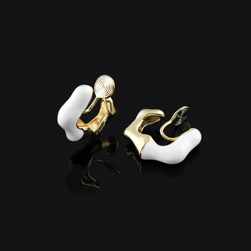 Luxury Geometric Coil White Enamel Alloy Stud & Clip On No Piercing Ear Cuff Hoop Earrings