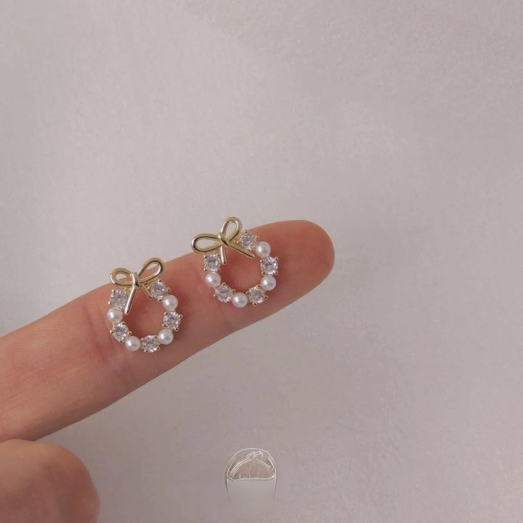 14K Gold Plated Copper Micro Pave Zircon Bow Stud Earrings Sweet Korean Style