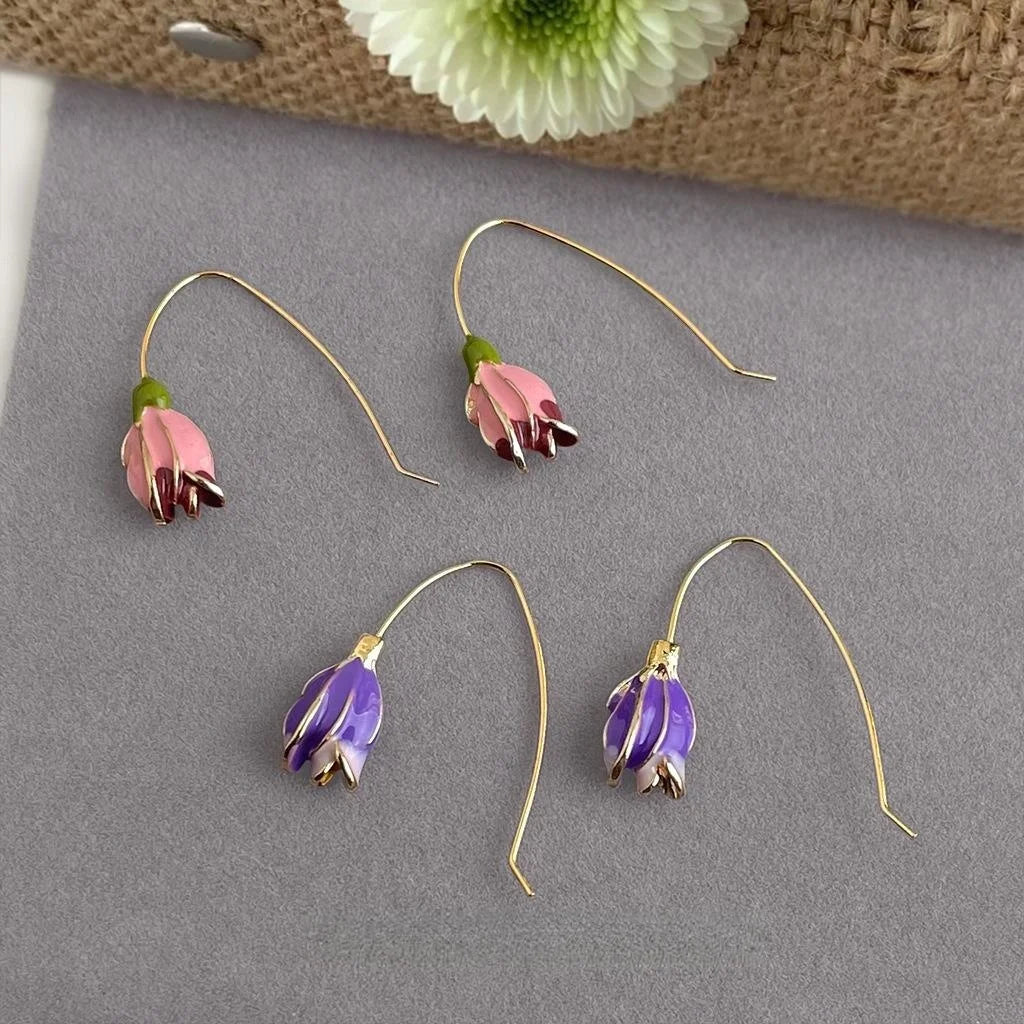 Sweet Forest Style Enamel Tulip Flower Drop Earrings For Women Handmade Eco Copper Jewelry