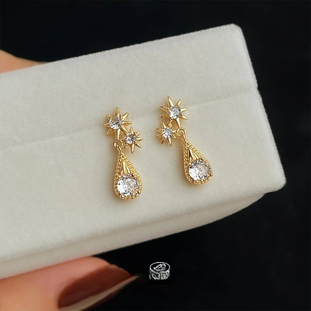 14K Gold Plated Copper Star Teardrop Micro Pave Zircon Drop Earrings