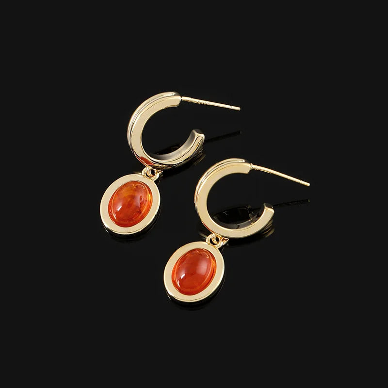 Elegant Orange Resin Oval Pendant C Hoop Alloy Stud & Clip On No Piercing New Chinese Style Earrings