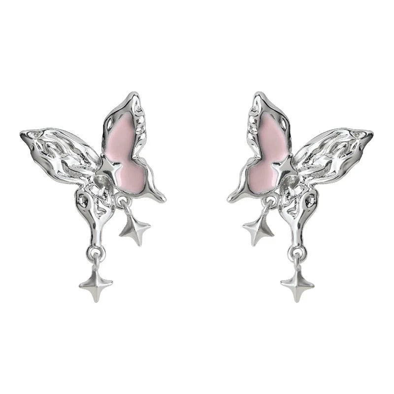 Sweet Cool Pink Enamel Butterfly Drop Earrings, Copper Liquid Texture Star Design