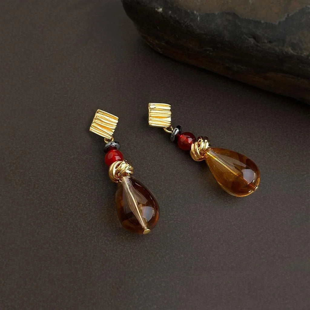 Vintage Maillard Geometric Teardrop Drop Earrings, Copper Black Onyx Red Agate Resin Tassel