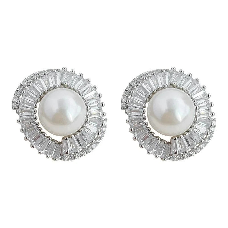 Light Luxury Copper Zirconia Pearl Stud Earrings Geometric Round Design Fashion Commuter Jewelry