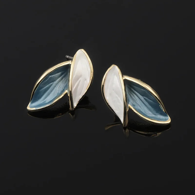 Elegant Blue And White Leaf Enamel Alloy Stud & Clip On No Piercing Spiral Gold Tone Women's Earrings
