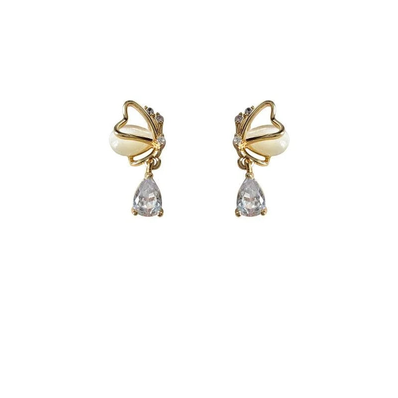 14K Plated Eco Copper Butterfly Zircon Cat Eye Stone Stud Earrings For Women