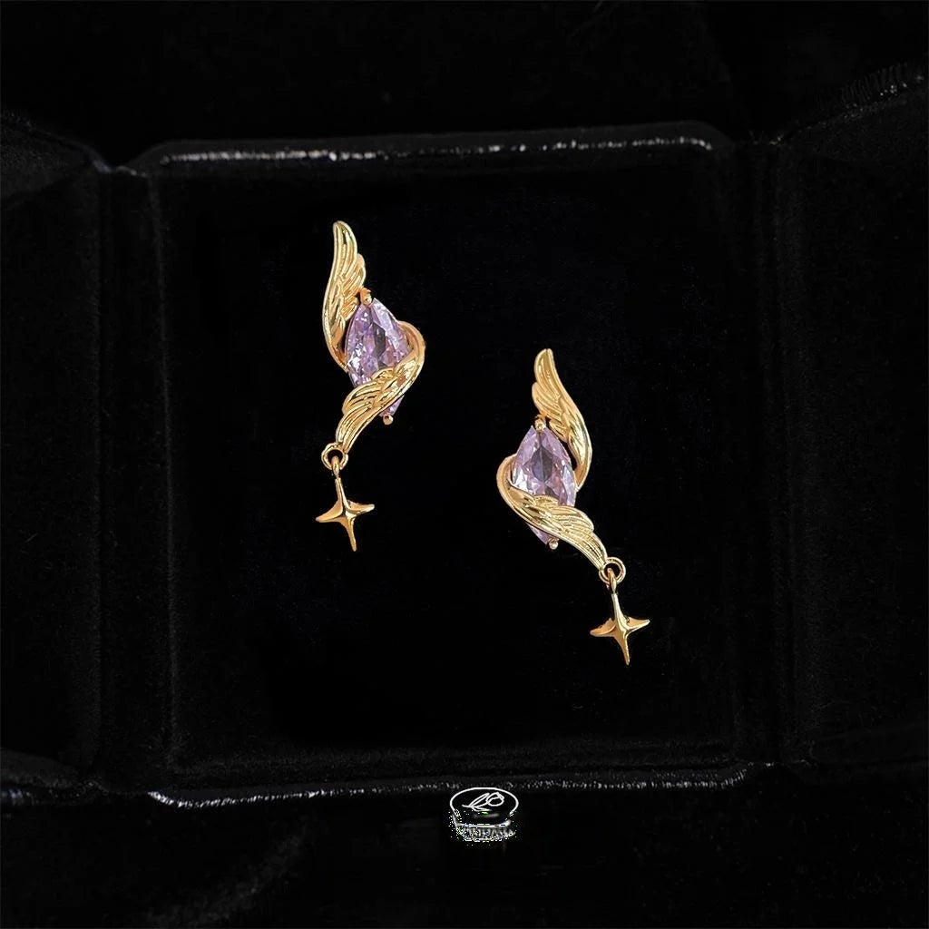 Light Luxury Purple Zircon Star Wing Stud Earrings Copper Silver Plated Geometric Jewelry