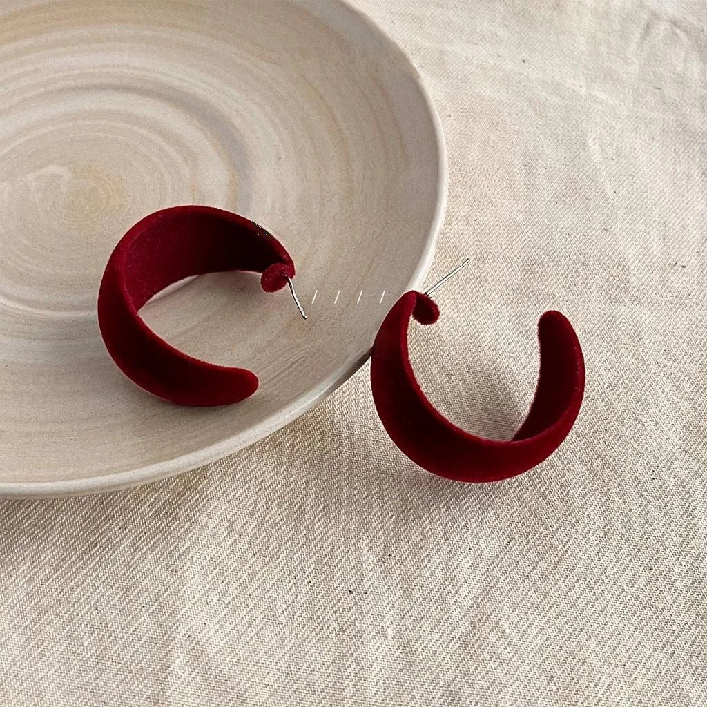 Flocked Burgundy Geometric Hoop Drop Earrings Retro Hong Kong Style Jewelry