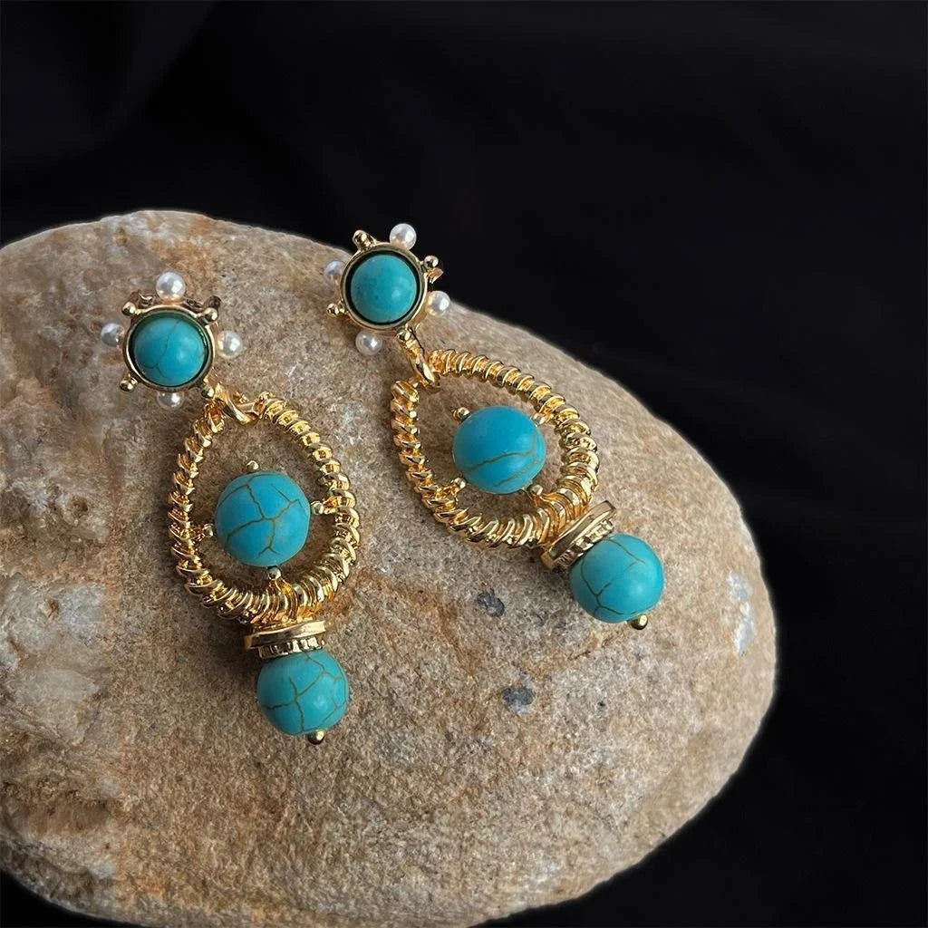 Vintage French High Luster Pearl Synthetic Turquoise Hollow Teardrop Drop Earrings