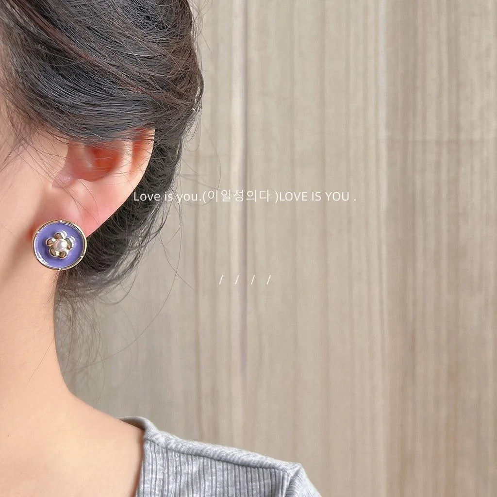 French Vintage Enamel Glazed Copper Floral Round Stud Earrings For Women