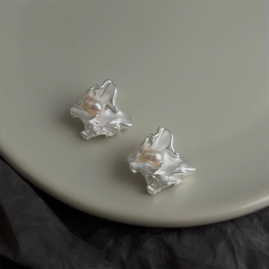 Irregular Heart Freshwater Pearl Stud Earrings Liquid Silver Minimalist Statement Design