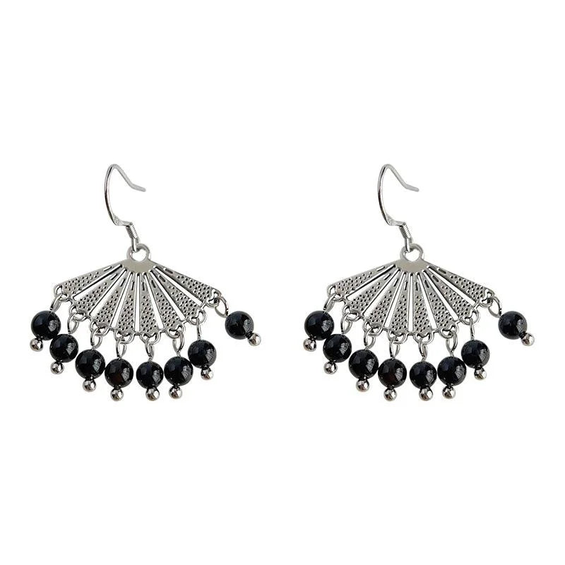 Ethnic Fan Tassel Drop Earrings Black Handmade Copper Silver Plated Elegant Geometric Jewelry