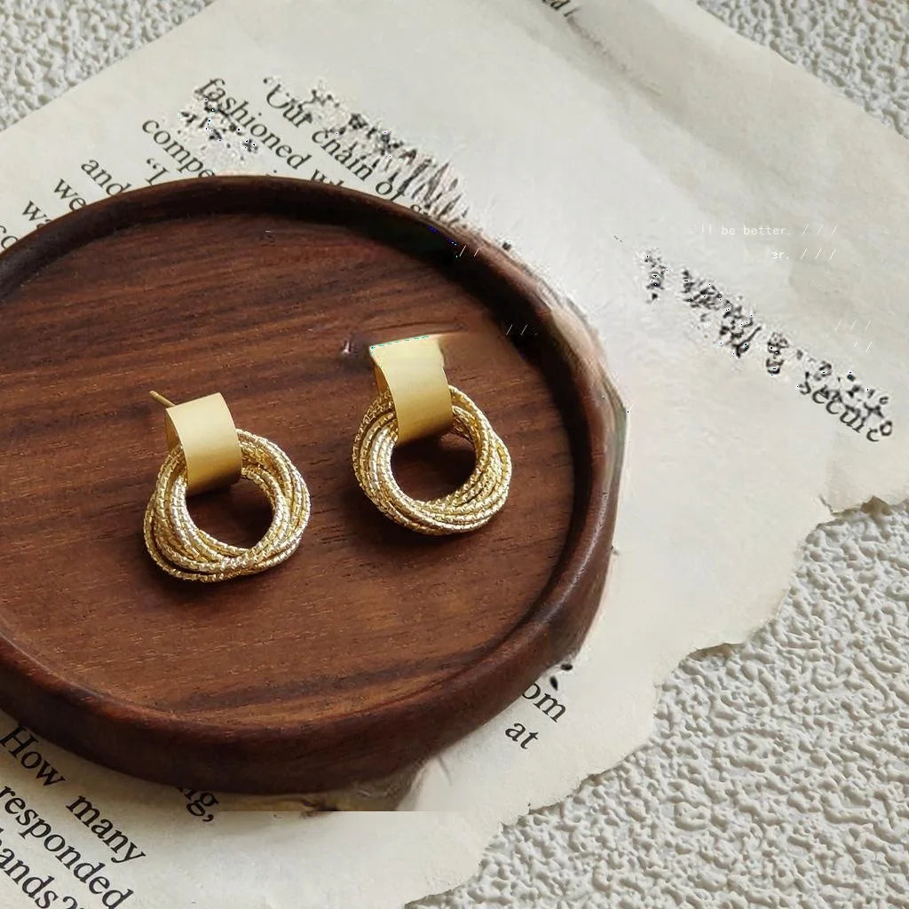 Matte Gold Plated Copper Round Geometric Stud Earrings Korean Minimalist Jewelry