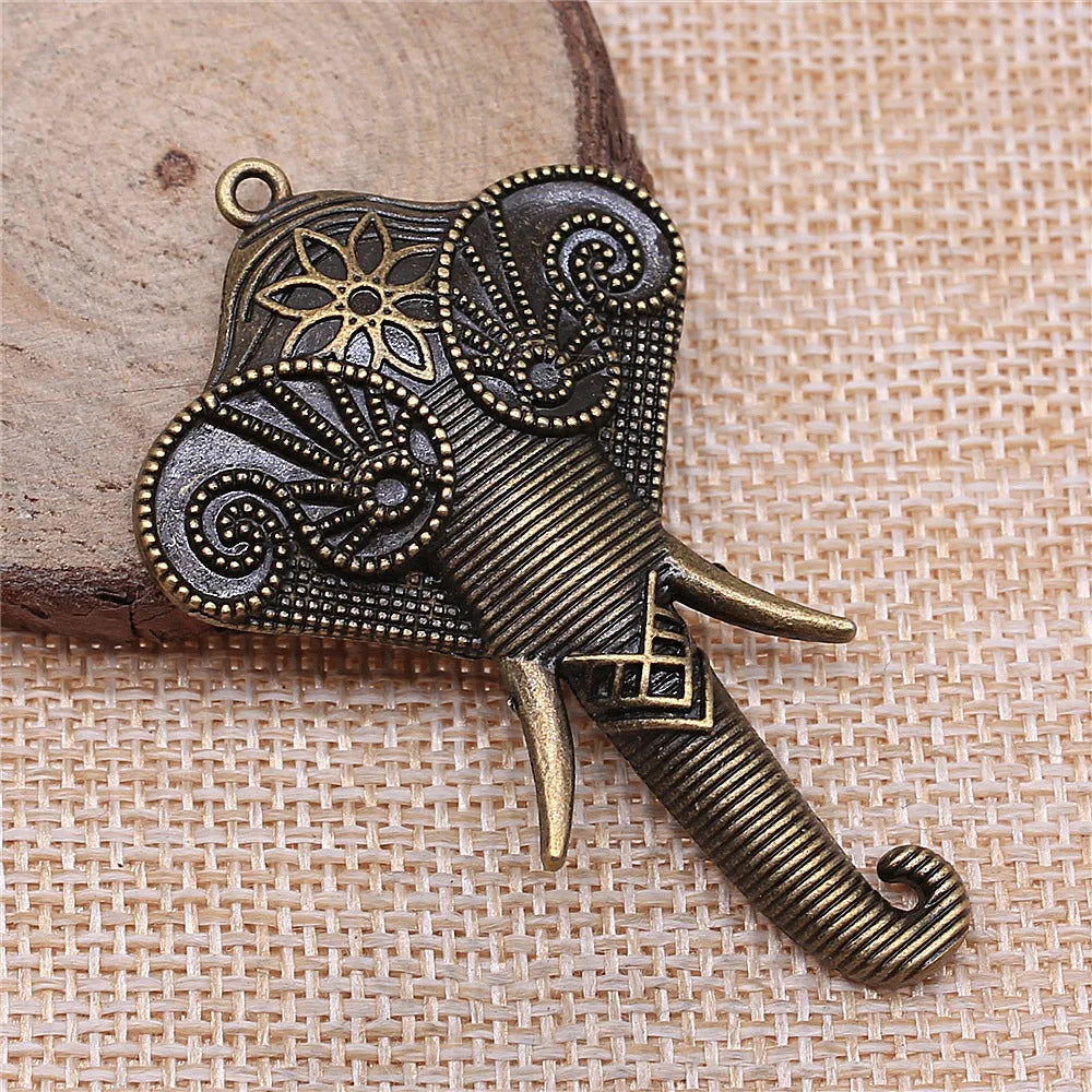 61x37mm 6.7g Multicolor Zinc Alloy Carved Elephant Head Charm Pendant for DIY Necklace Jewelry Making