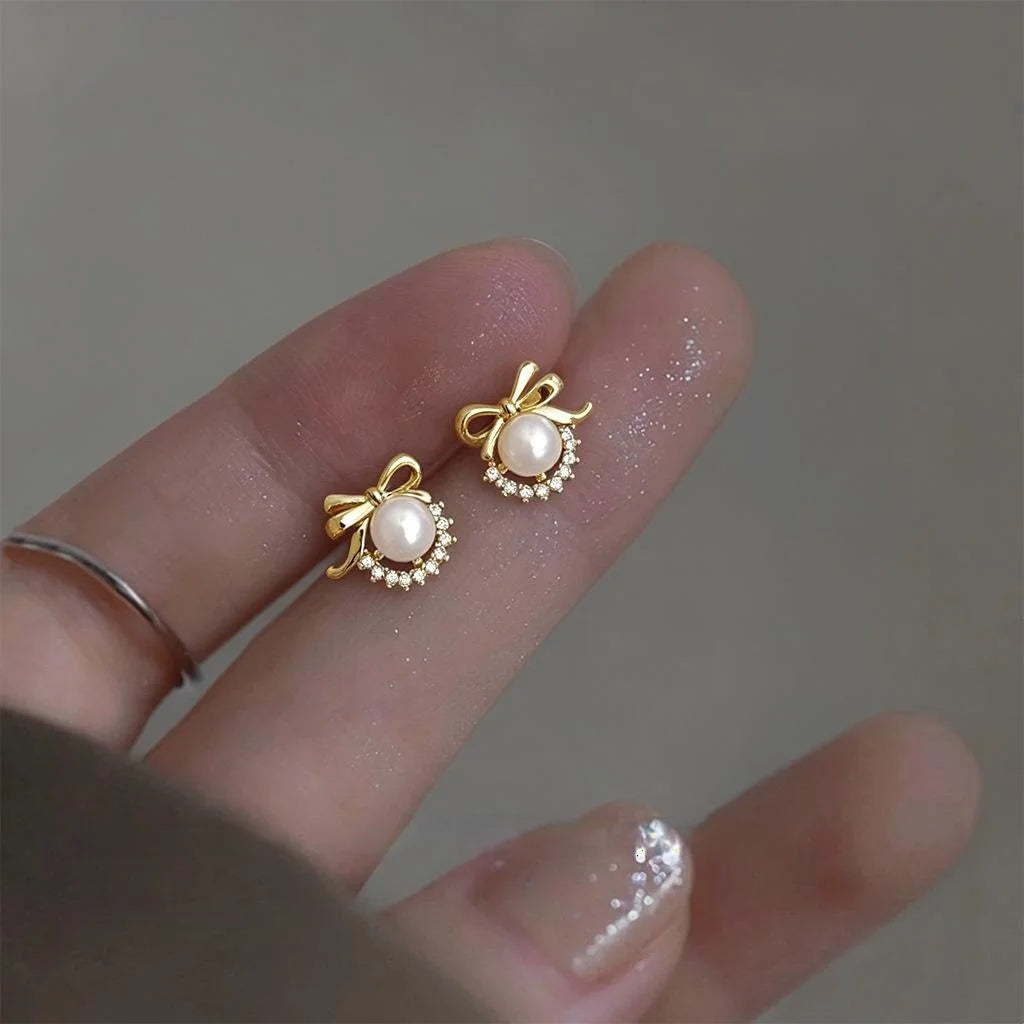 Copper Micro Pave Zircon Bow Pearl Stud Earrings, Sweet Princess Style Mini Jewelry