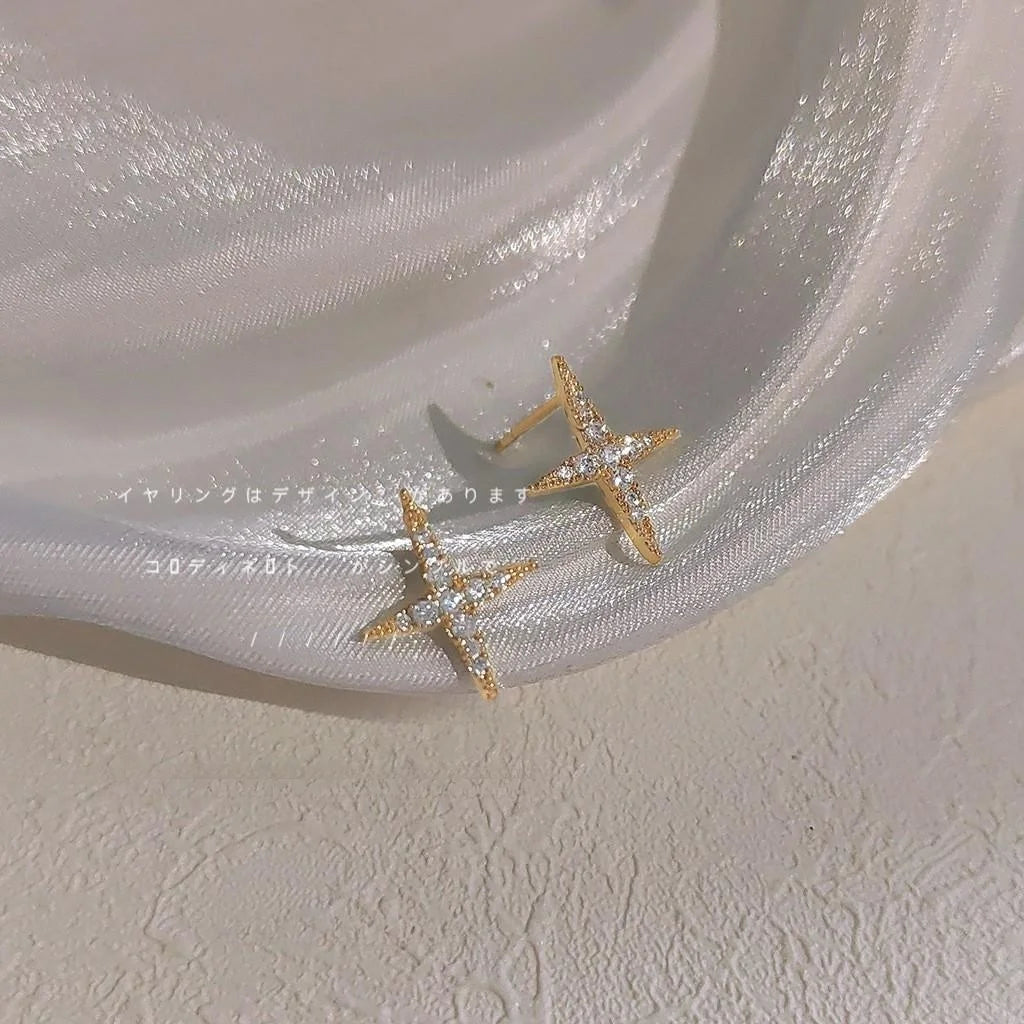 14K Plated Copper Star Cross Stud Earrings With Micro Pave Zircon, Minimalist Korean Style