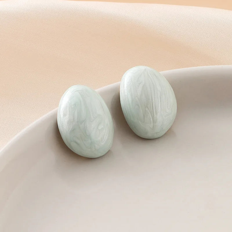 Light Blue Oval Bean Pearlescent Enamel Stud & Clip On No Piercing Elegant Vacation Earrings