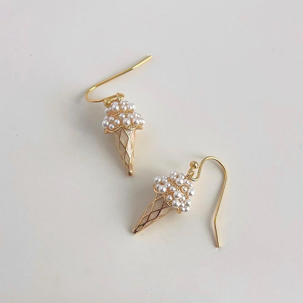 Cute Ice Cream Drop Earrings 14K Plated Copper Resin Pearl Enamel Sweet Designer Jewelry
