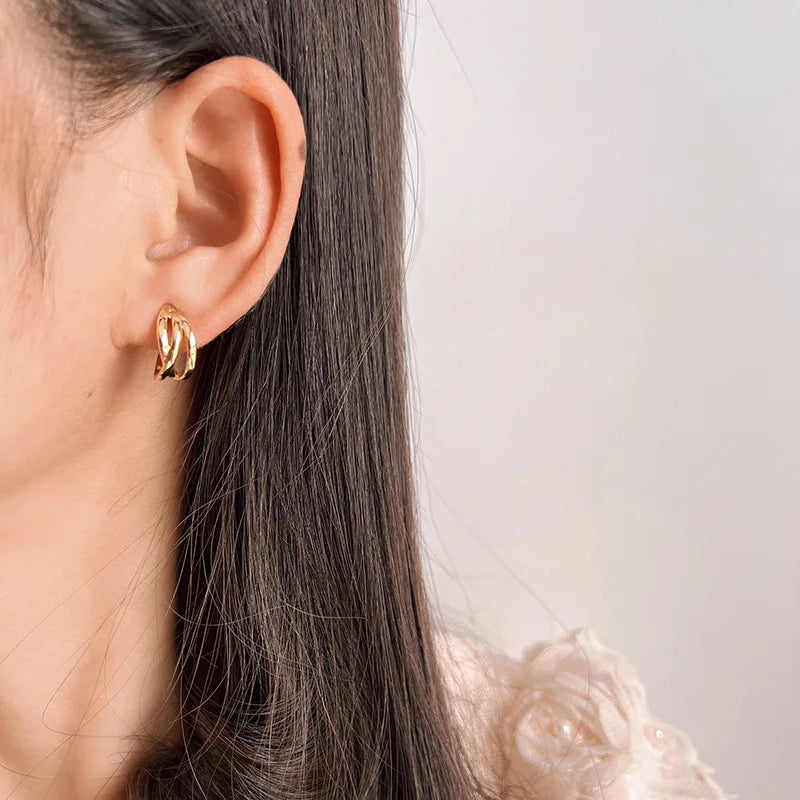 Elegant Matte Gold Alloy Twisted Hoop Stud & Clip On No Piercing Commuter Minimalist Metal Earrings