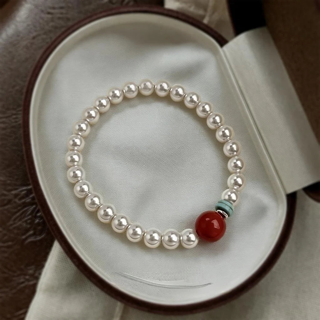 New Chinese Style Glass Pearl And Red Agate Geometric Ring Bracelet For Women