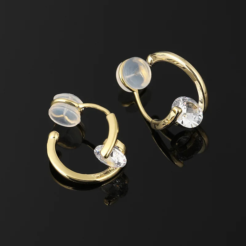 Elegant Cross Hoop Zircon Stud & Clip On No Piercing Gold Tone Minimalist Ear Cuff Earrings