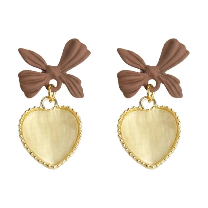 Vintage Artistic Lacquered Glass Cat Eye Stone Heart Bow Drop Earrings