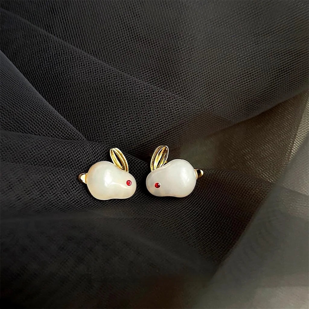 Cute Jade Color Moon Rabbit Copper Stud Earrings Minimalist Animal Zodiac Jewelry