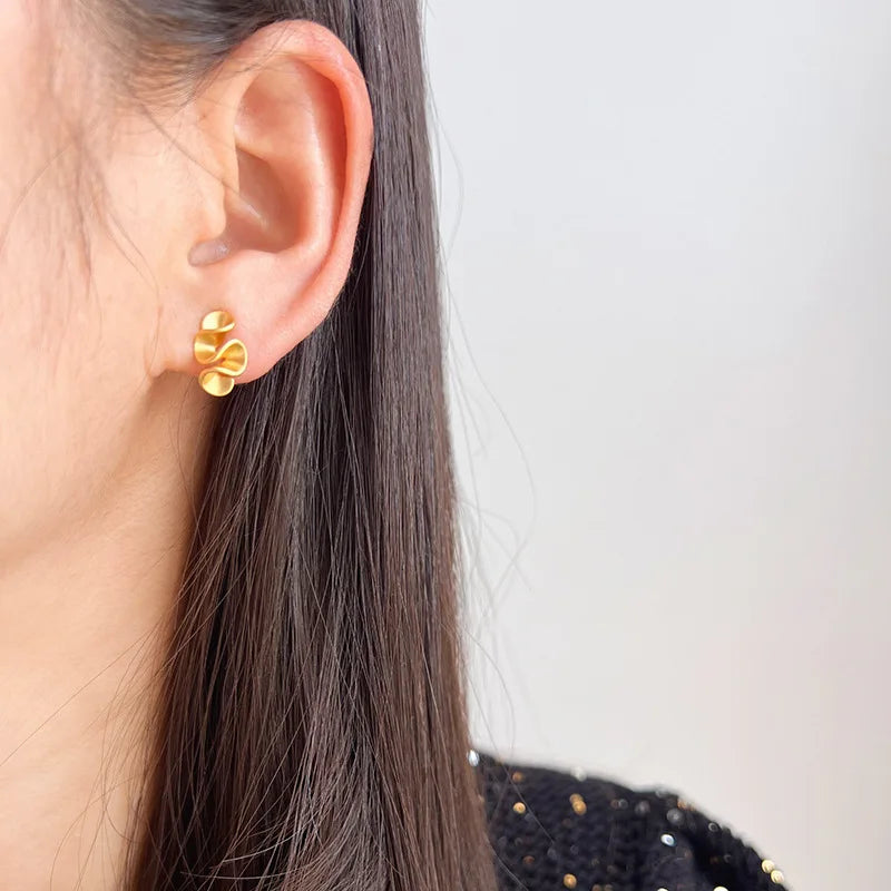 Elegant Matte Gold Alloy Wavy Pleated Ruffle Flower Stud & Clip On No Piercing Statement Earrings