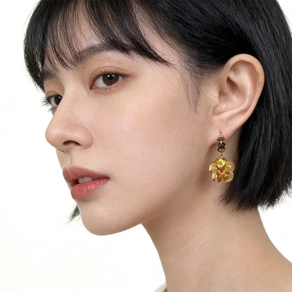 Vintage Maillard Handmade Liuli Glass Flower Tiger Eye Stone Copper Drop Earrings For Women