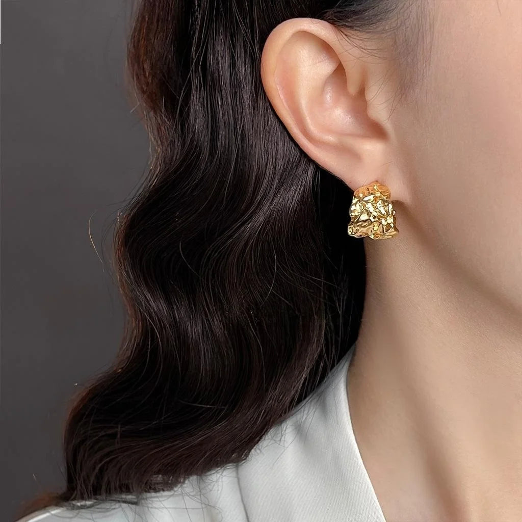 14K Gold Plated Copper Alloy Textured Irregular Floral Drop Earrings Light Luxury Style