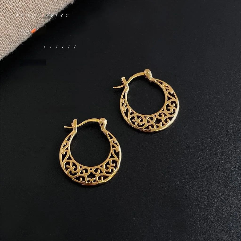 Vintage Copper Hollow Floral Geometric Stud Earrings French Court Light Luxury Jewelry