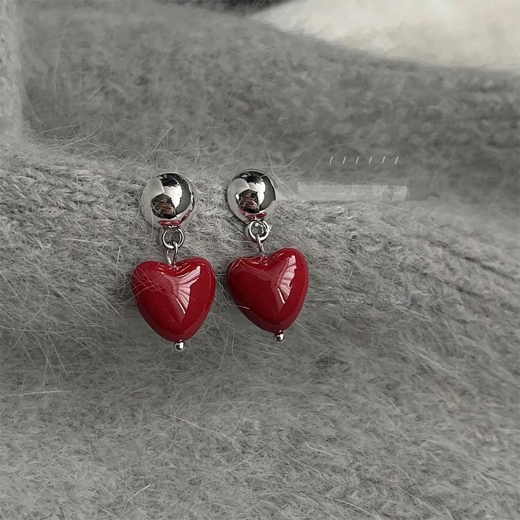Elegant Burgundy Heart Drop Earrings, Handmade Resin Lacquer Copper