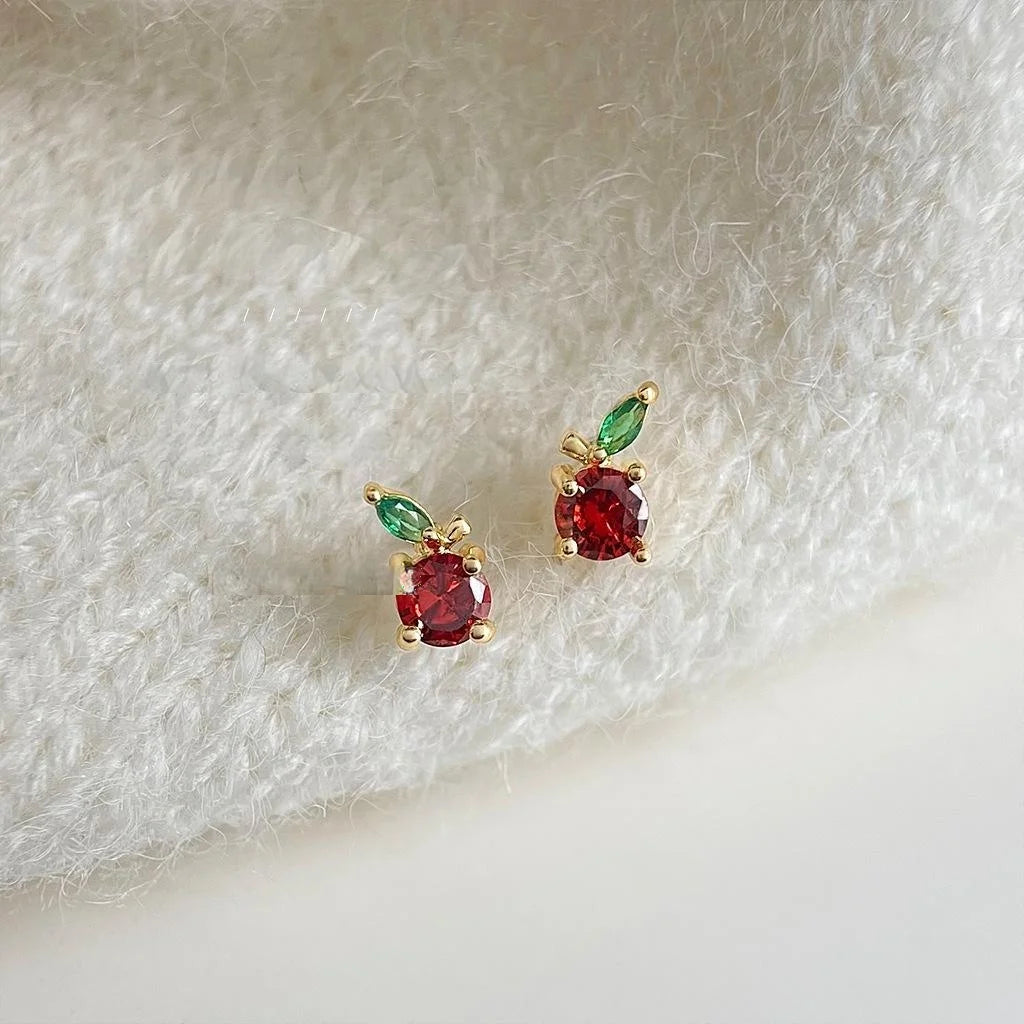 Cute Mini Apple Stud Earrings Copper Micro Pave Zircon Fruit Design For Daily Wear
