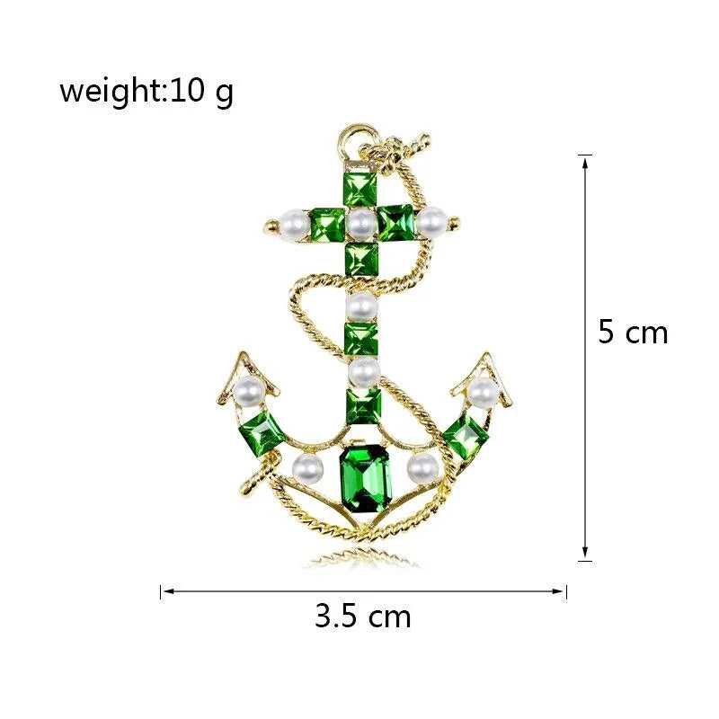 Vintage Baroque Anchor Brooch With Green Rhinestones And Faux Pearls, Luxury Nautical Lapel Pin Gift