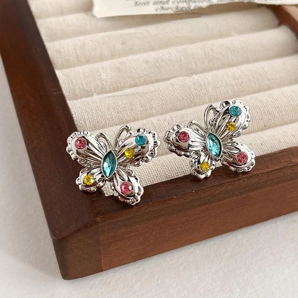 Sweet Cool Copper Butterfly Drop Earrings With Colorful Rhinestones, Niche Light Luxury Jewelry