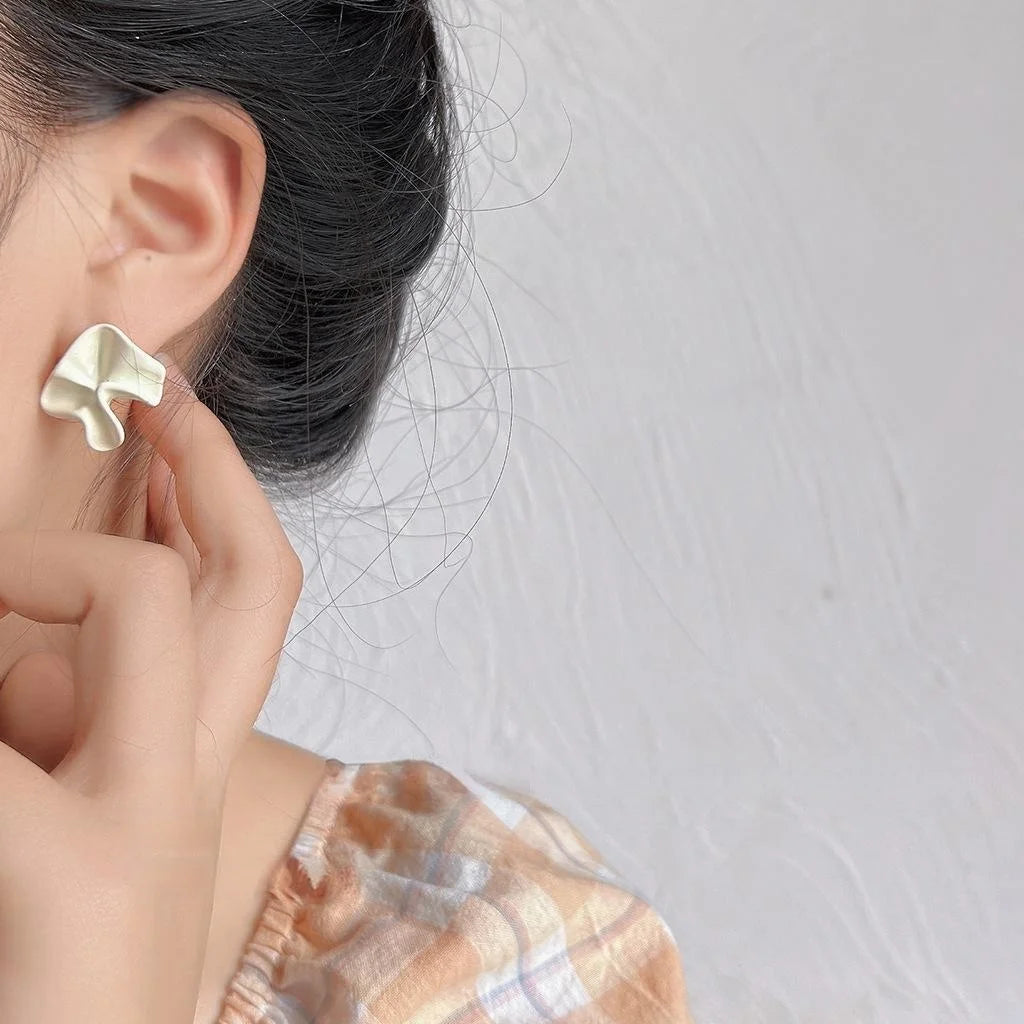 Milky White Metal Stud Earrings With Silver Plated Pins, Enamel Irregular Geometric Pleated Design