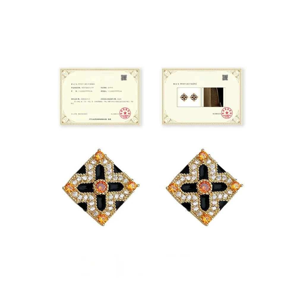 Copper Enamel Floral Geometric Micro Pave Zircon Stud Earrings For Women